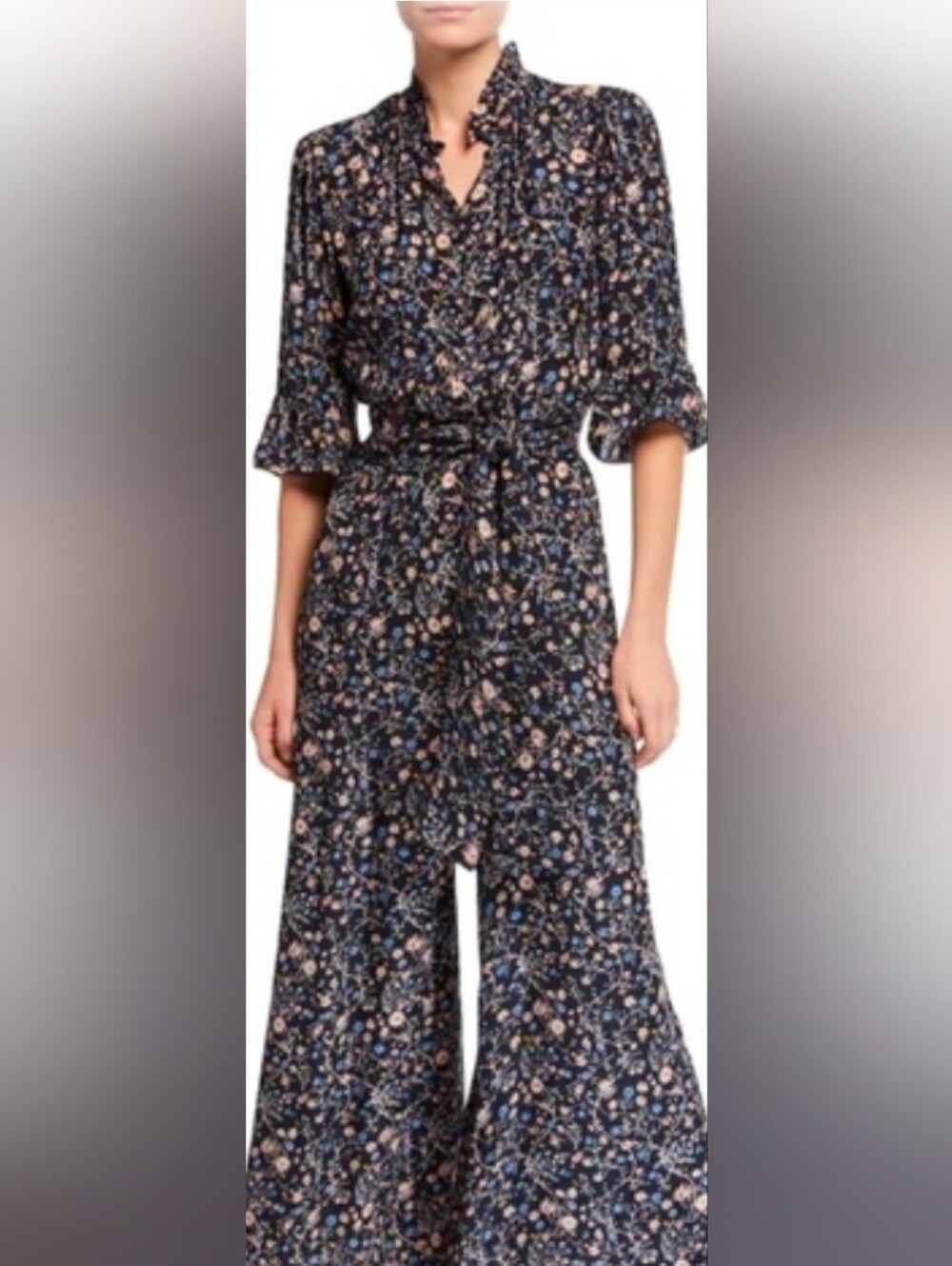 Rebecca Taylor Vivianna Silk Navy Blue Floral Belted Bell Sleeve Jumpsuit Size 2
